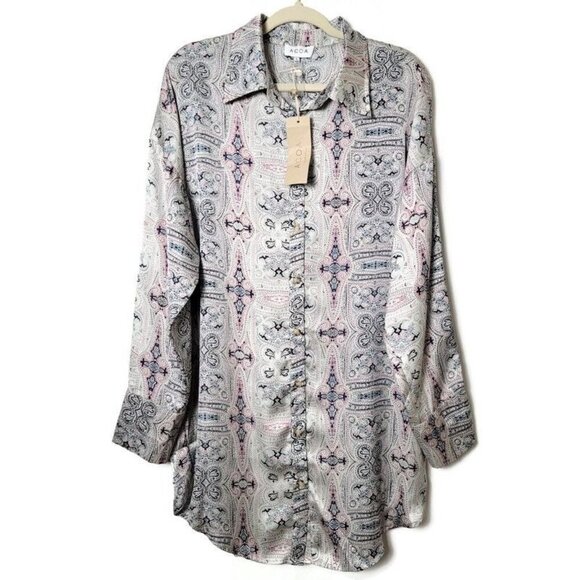 ACOA Artsy Geometric Tribal Boho Silky Satin Long Sleeve Button Up Shirt Dress L - Picture 1 of 12